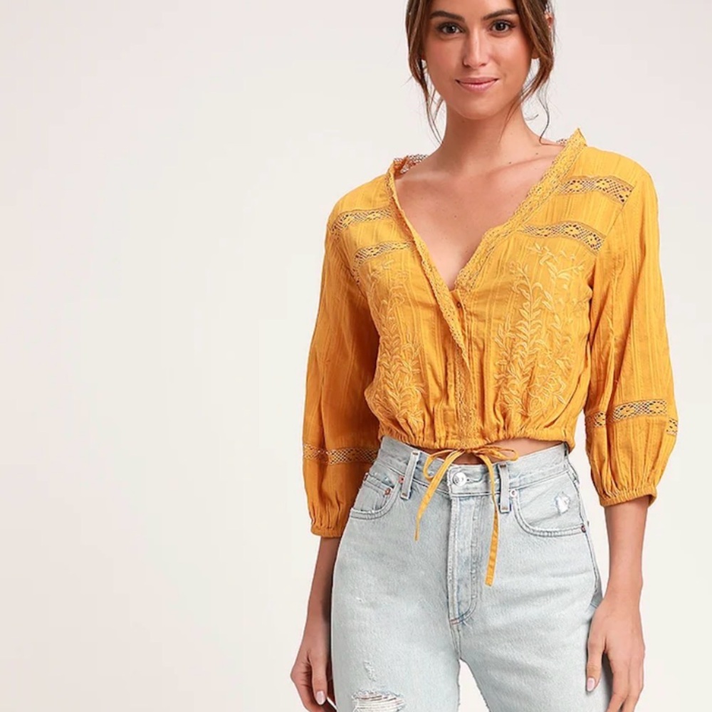 Free People Follow Your Heart Whimsical Golden Embroidered Lace Blouse medium